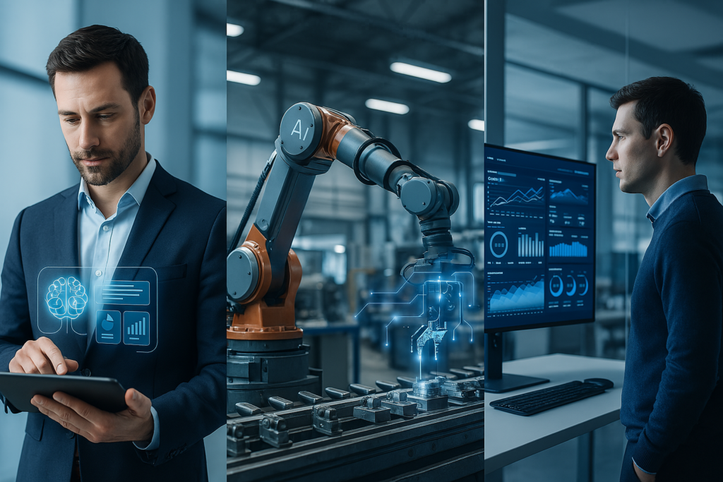 Dreigeteilte Szene in einem Industriekontext: Links ein Mann mit Tablet und KI-Grafik, in der Mitte ein KI-gesteuerter Roboterarm über einem Förderband, rechts ein Analyst vor einem großen Dashboard mit Produktionsdaten.